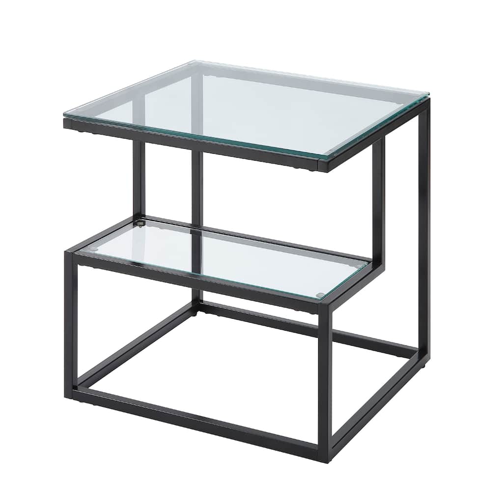 Elena End Table with 2-Tier Design, Glass Top and Shelf, Black Metal