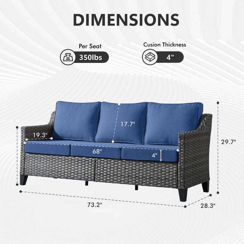 Meyreso Gray Wicker 3-Seat Patio Sofa with 4-Inch Thick Cushions