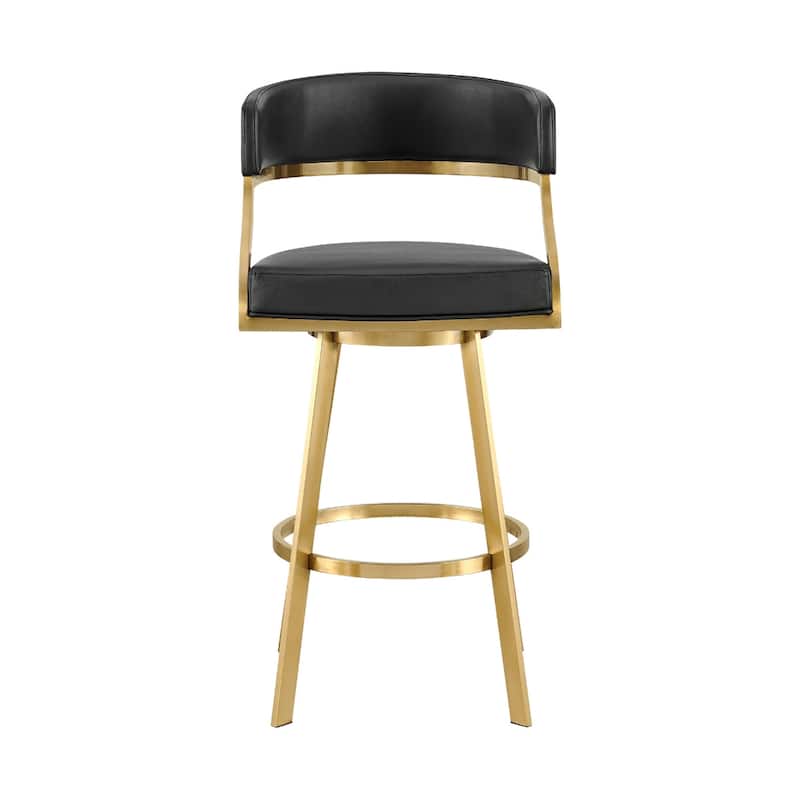 Black Faux Leather Bar Height Chair with Gold Frame, Swivel and Armrests - 20.5” x 21” x 42” (D x W x H)