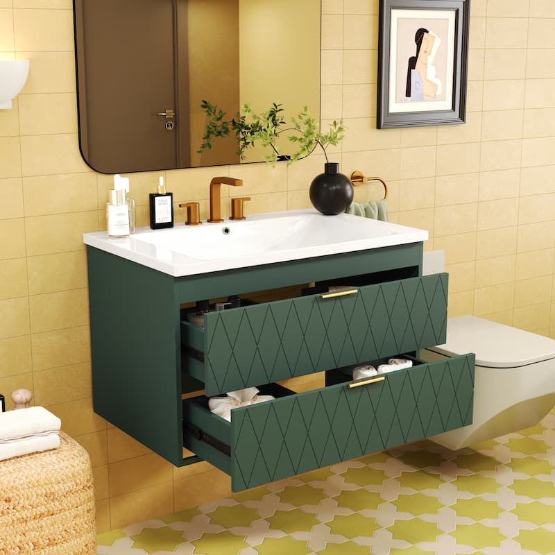 30" Wall Mounted Bathroom Vanity with Resin Sink, Floating Solid Wood Frame Bathroom Storage Cabinet with 2 Drawers - 30 Inch