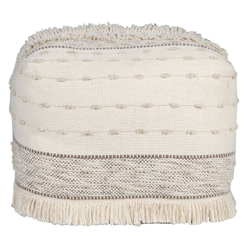 Sevita Ivory and Beige Farmhouse Chic Shag Textured Pouf Ottoman