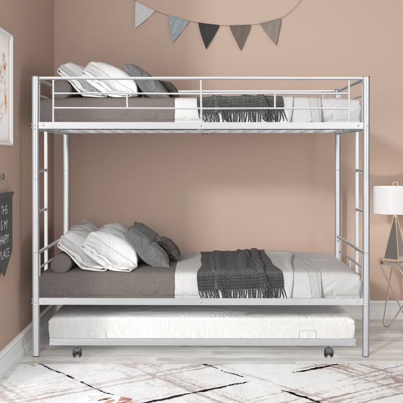 Metal Twin Over Twin Bunk Bed with Trundle with 2 Side Ladders，Can Be