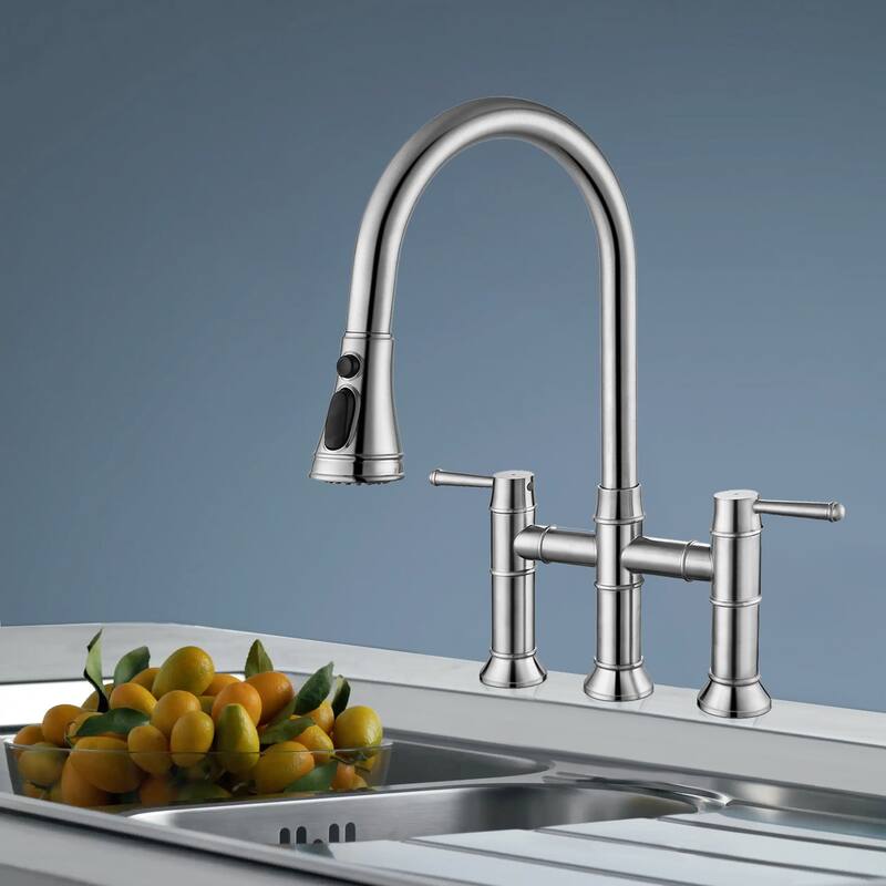 Topcraft Stainless Steel Two Handle Bridge Pull Down Kitchen Faucet