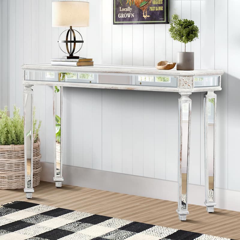 Versatile Mirror Console Table with Vintage Wood Carving Elements