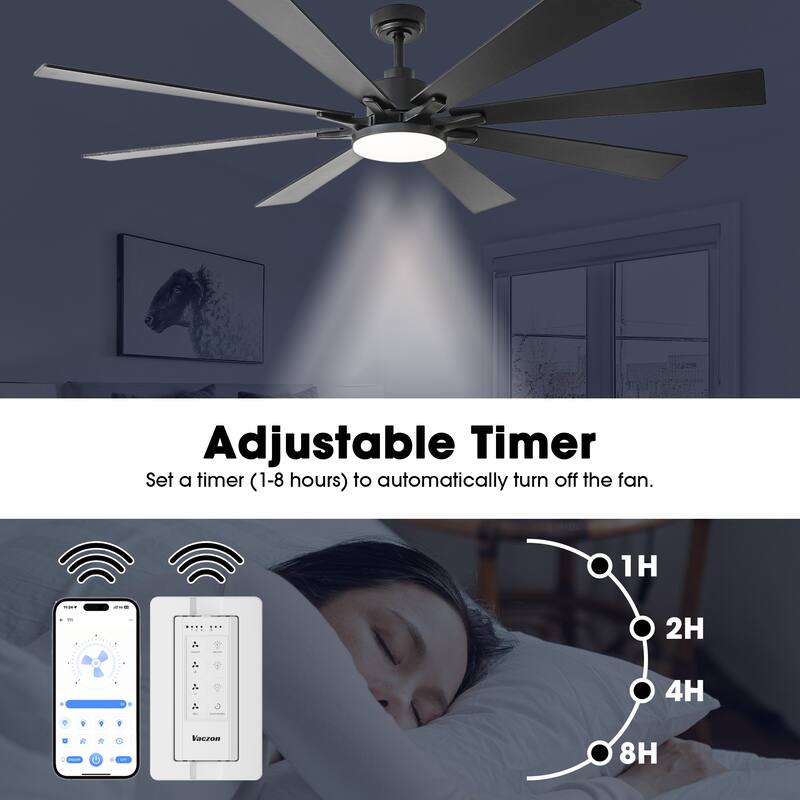 72" Modern Black Large Ceiling Fan with Light, Remote and Bluetooth Control