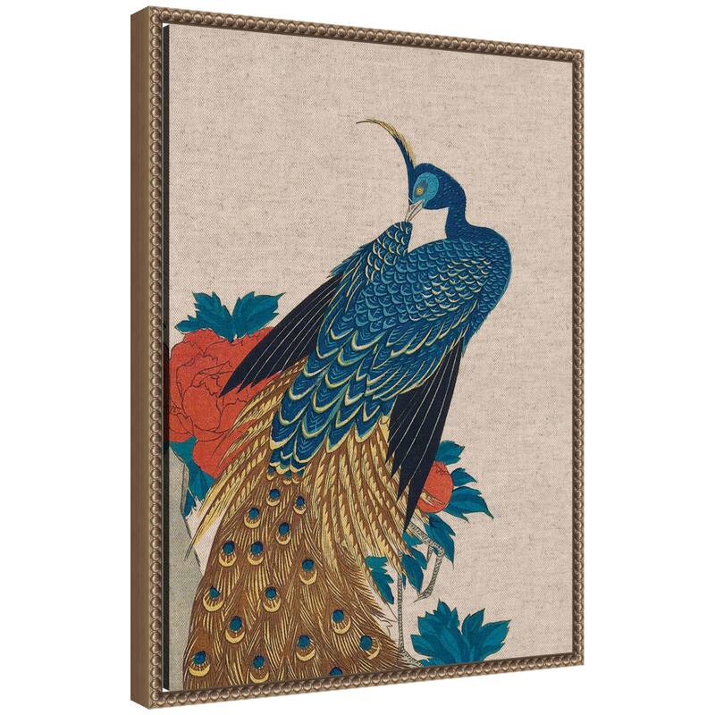 Kate and Laurel Sylvie Peacock and Peonies 1840 Utagawa Hiroshige Neutral Linen Framed Canvas by The Art Institute of Chicago - 18x24 - Gold