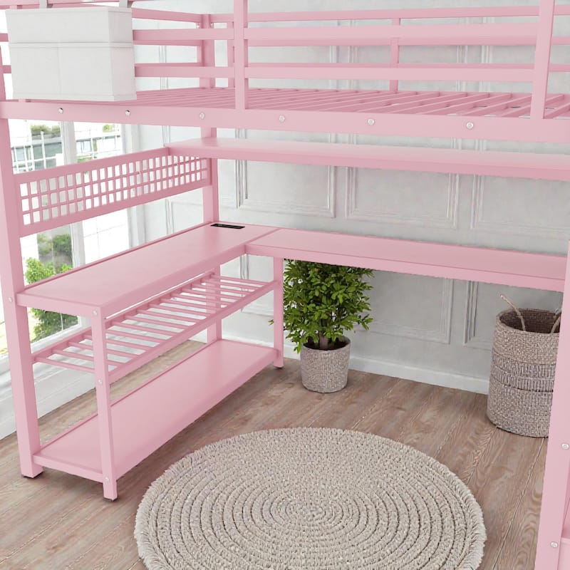 Full Size Metal Loft Bed with Staircase Storage, Wardrobe, L-Shaped Desk, Shelves, LED Lights and USB Charging Station