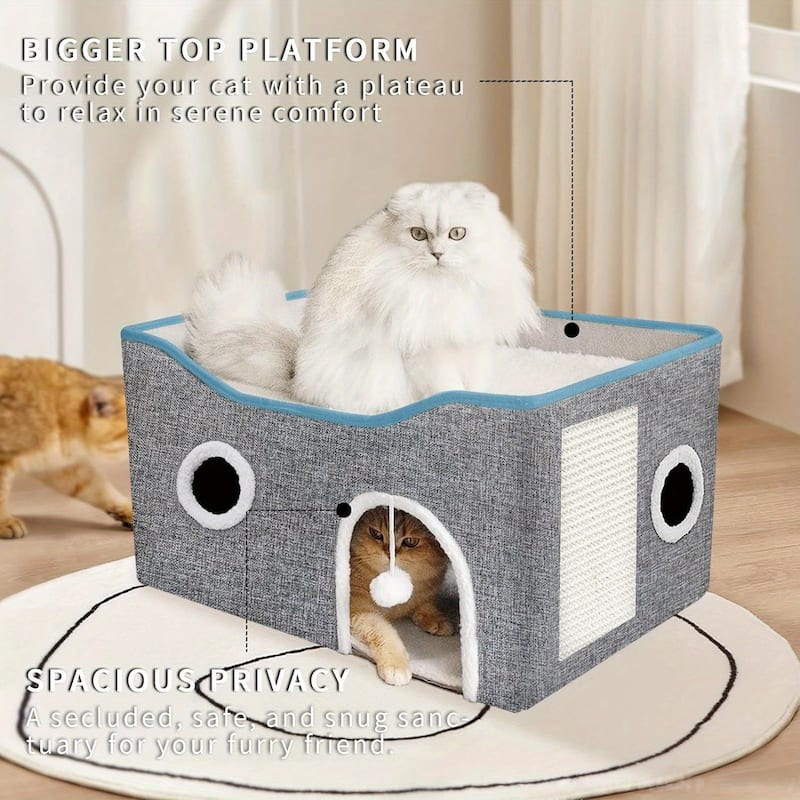 Extra-Wide Cat House Indoor Foldable With Scratch Pad And Toy - 23.5" x 16.35" x 13"