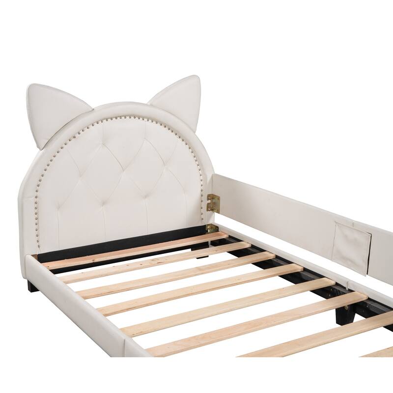 Twin PU Leather Daybed with Cartoon Ears Tufted Headboard
