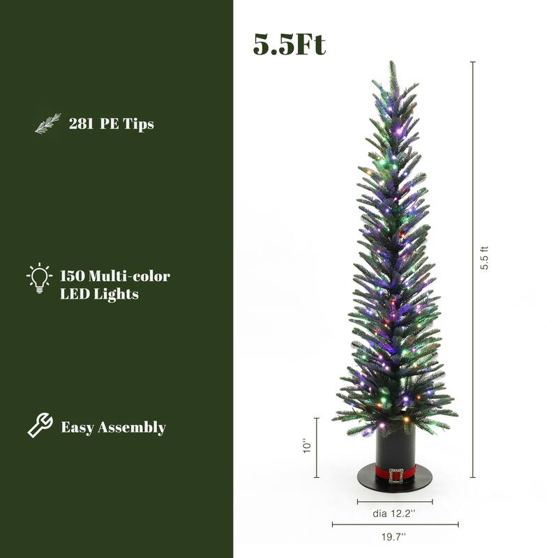 5.5Ft Pre-Lit Green Artificial PE Tree 10 Lighting Modes Christmas Tree with Tophat Pot - 66" H x 19.7" Diameter