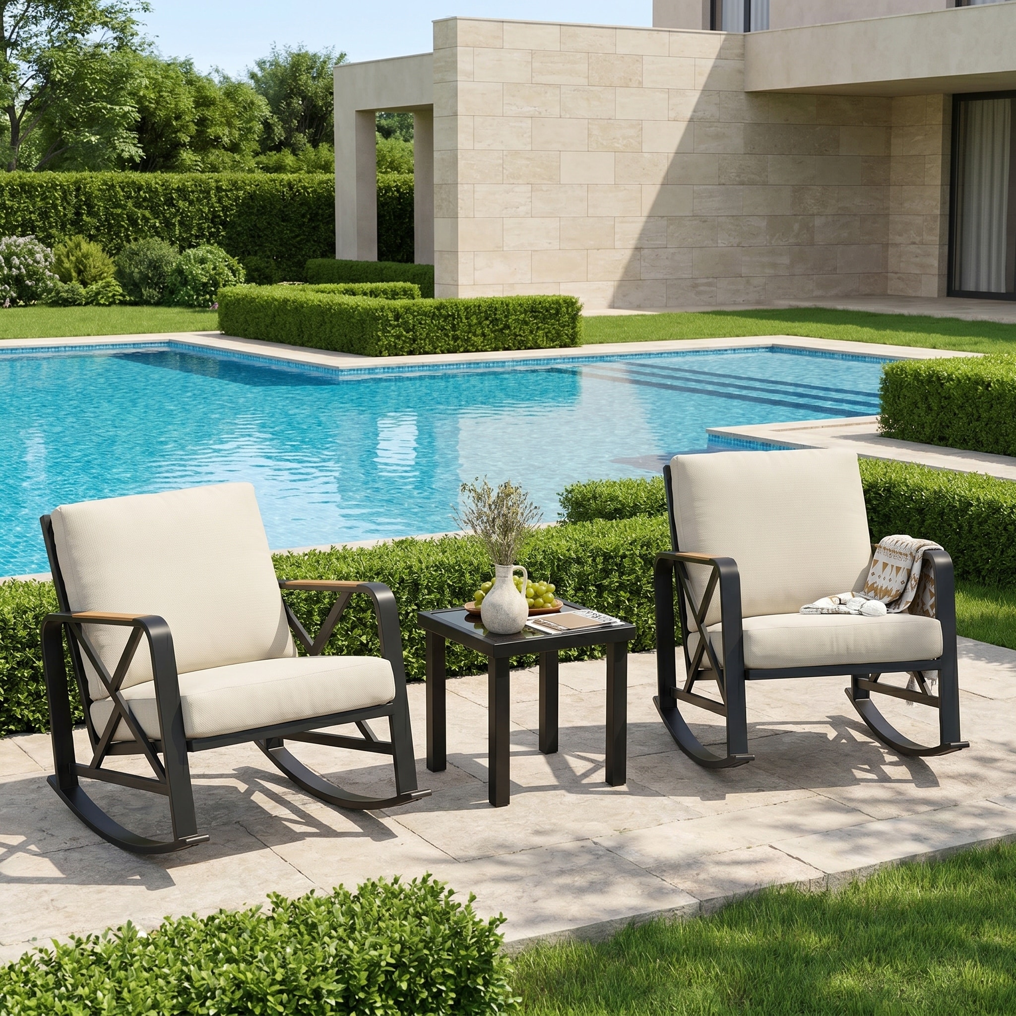 Outdoor Rocking Chair Set 3-Piece with End Table, Plastic Wood Armrest, Waterproof Thick Cushion, Off-White/Dark Gray