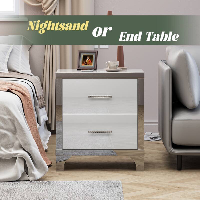 High Gloss Mirrored Nightstand with 2 Drawers,Modern End Table with Drawers,Mirrored High Gloss Wood Nightstand Metal Handle