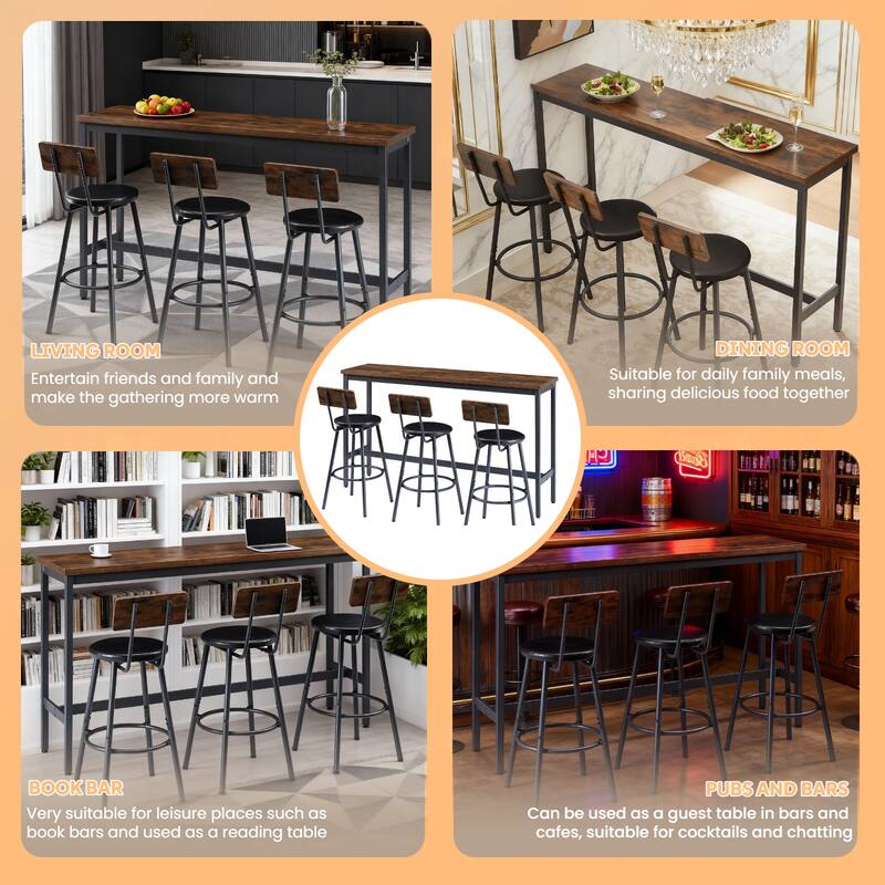 Bar Table and Chairs Set for 3, 4 Piece Industrial Dining Table Set with 3 PU Upholstered Bar Stools