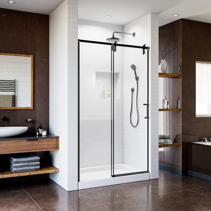 Modland 48''/60''W x 76''H Matte Black Sliding Shower Door, Adjustable Semi-Frameless Enclosure, 1/4" ANSI Glass, Soft-Close - 44''-48''x 76''.