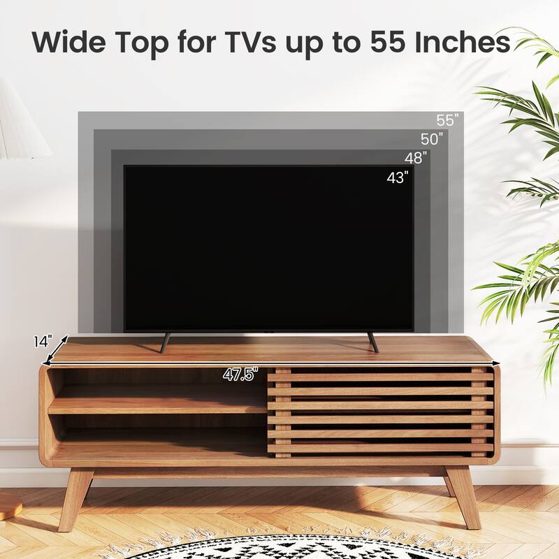 Gymax TV Stand w/Sliding Door Adjustable Shelves & Rubber Wood Legs