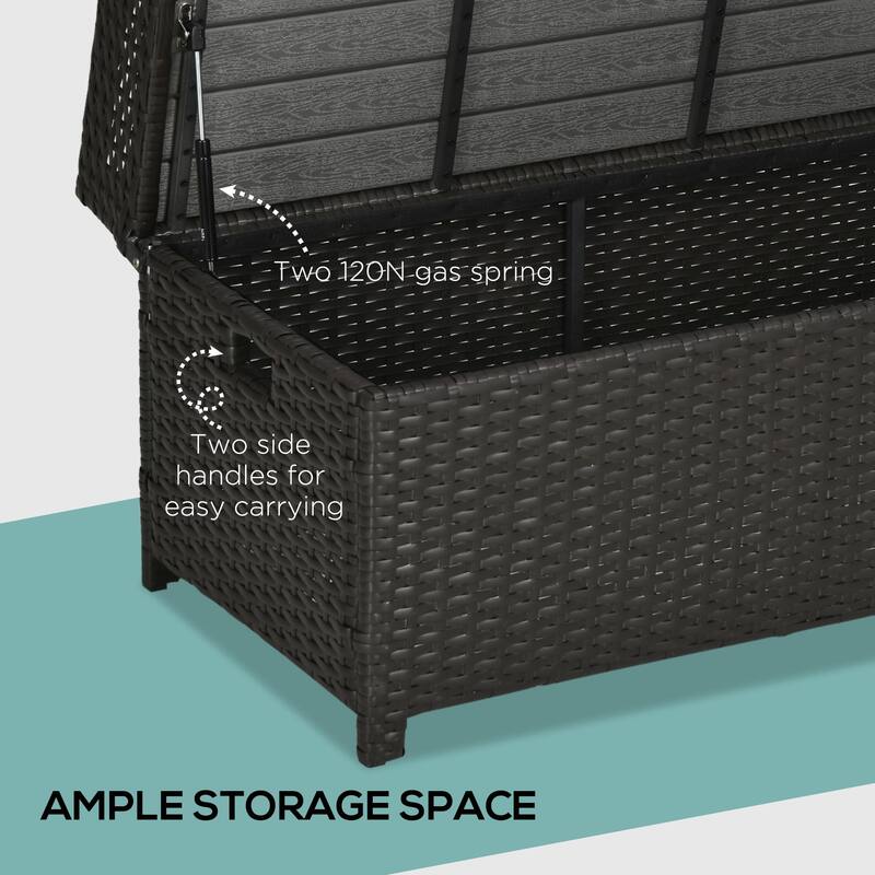 Outdoor Wicker Storage Bench Deck Box Pool Container Storage Box with Interior Waterproof Bag 2 Side Handles and Cushion
