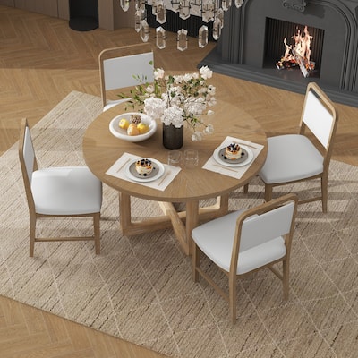 5 Piece Round Table Top Dining Table Set with 4 Upholstered Chairs