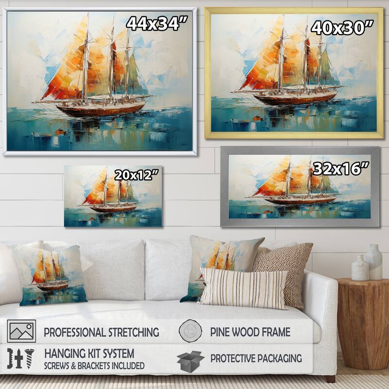 Designart "Moonlight Saiboat Horizon I" Boat Sailing Orange Wall Decor - Modern Entryway Framed Wall Art