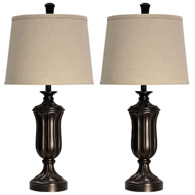 StyleCraft Bronze Wood Table Lamp - Beige Hardback Fabric Shade (Set of 2)