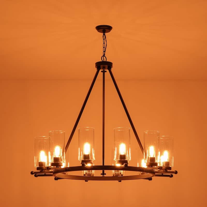 12-Light Mid-Century Modern Black Wagon Wheel Chandelier with Clear Glass Shades - 39.37 in. W x 36.61 in. H