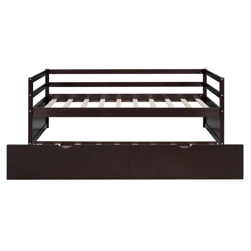 Espresso Twin Size Daybed Bed with Twin Trundle and Safety Guardrails