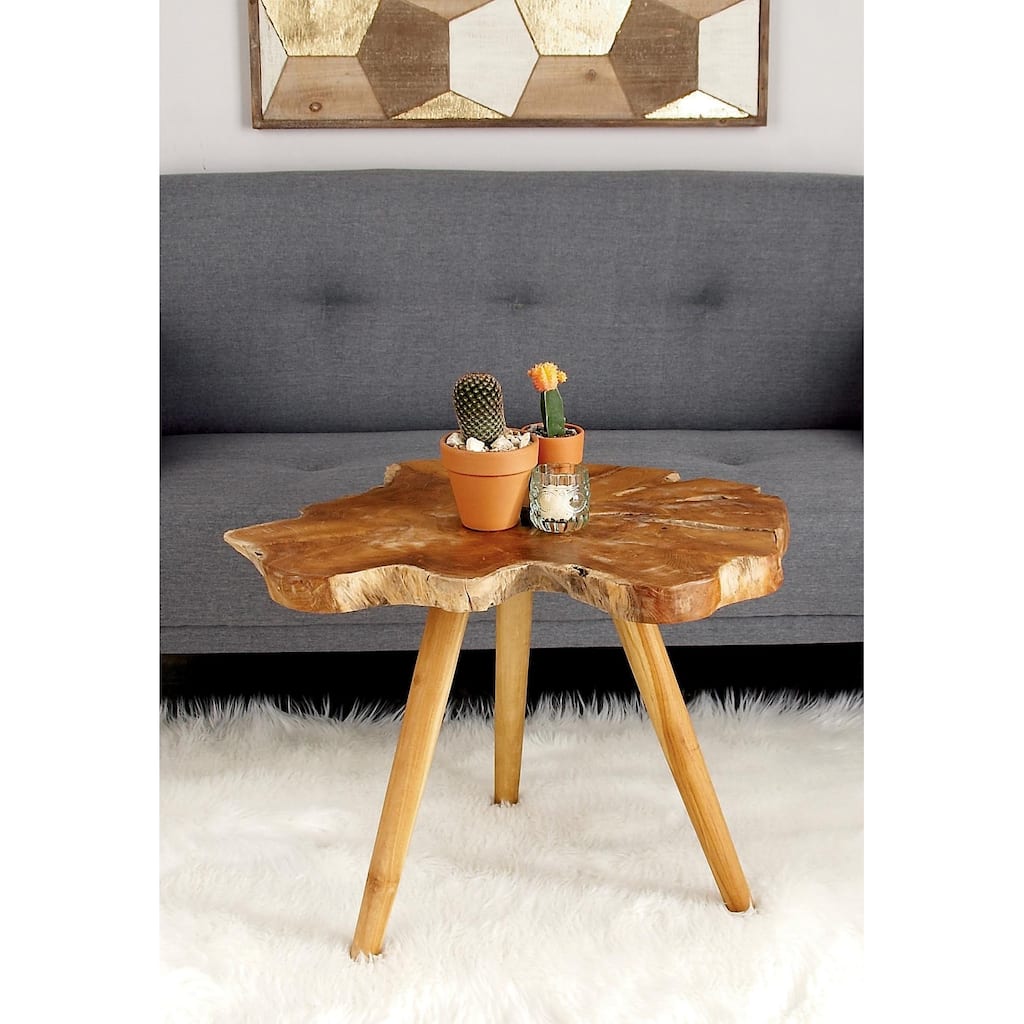 Brown Teak Wood Handmade Live Edge Side End Accent Table with Tripod Legs