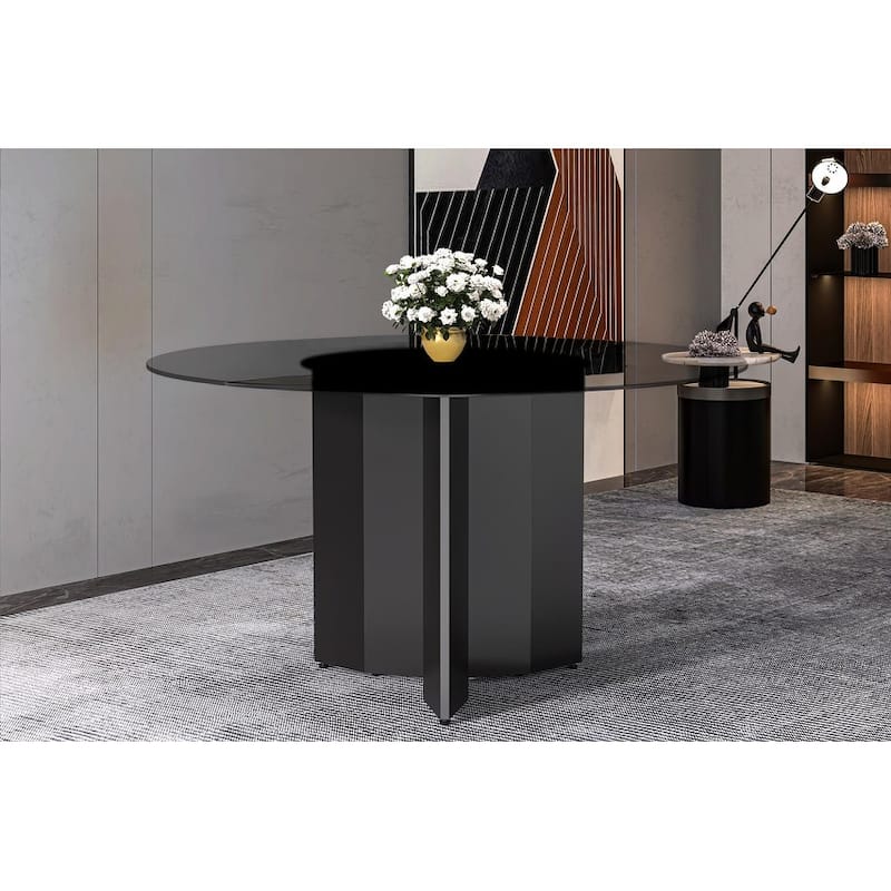 Zevro Mid-Century Modern Round Sintered Stone/Glass Dining Table with Steel Column Base for Dining Rooms and Kitchen