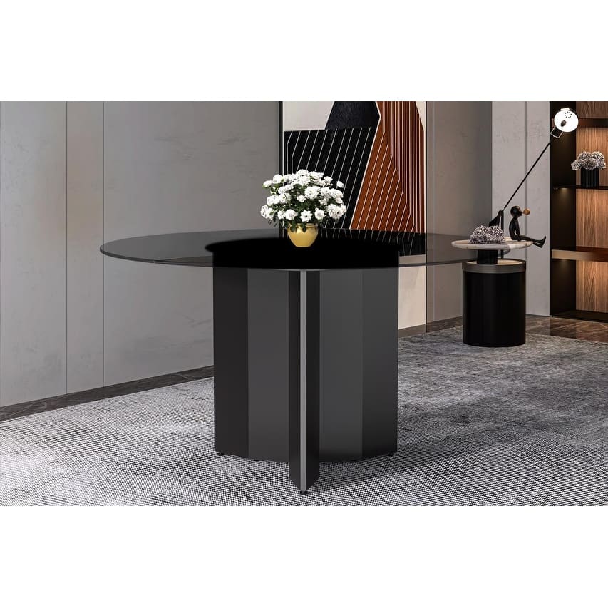 Zevro Mid-Century Modern Round Sintered Stone/Glass Dining Table with Steel Column Base for Dining Rooms and Kitchen