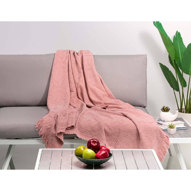Glitzhome Warm Lightweight Dusty Pink Grid Cotton Woven Throw