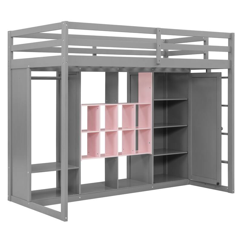 Twin Size Wood Loft Bed with Wardrobe, Shelves, and Cabinet in Gray and Pink