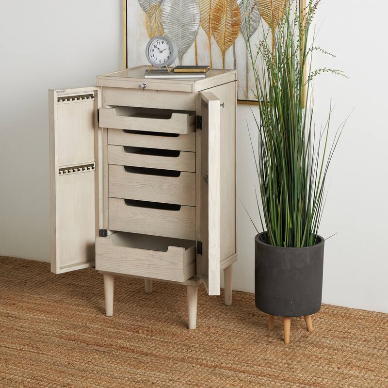 Wooden Geometric Oval Rattan Jewelry Cabinet with Mirrored Lift Top - Light Gray - Roche River Decor - 18"W x 20"L x 47"H