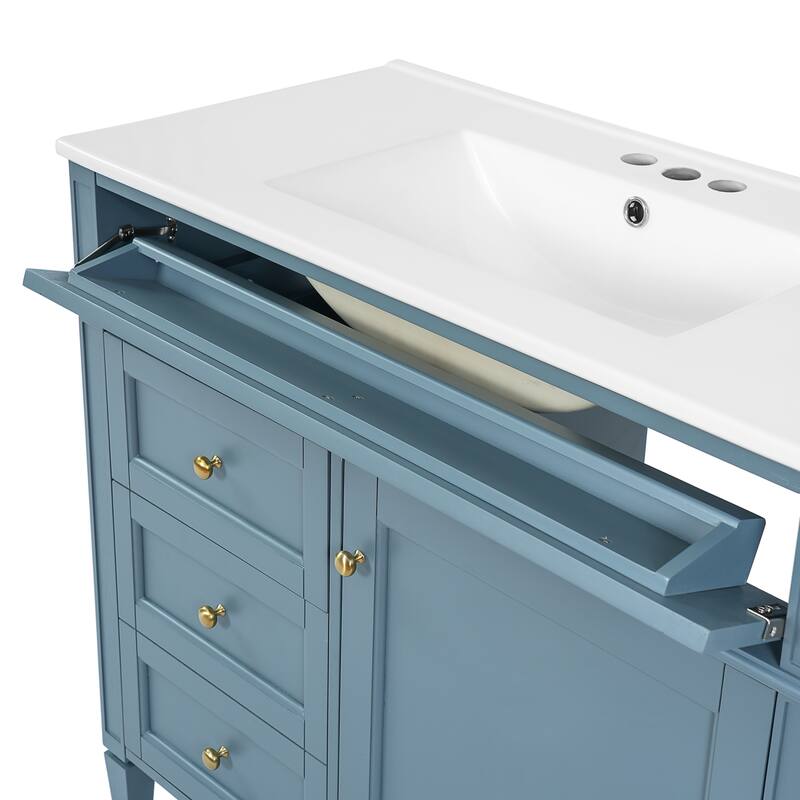 Modern Single Sink Bathroom Vanity Cabinet with Door Rack, Tip-out Drawer, 2 Pull-out Drawers, Metal Knobs and Adjustable Shelf