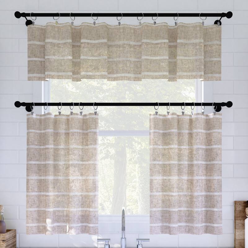 Clean Window Twill Stripe Anti-Dust Linen Blend Sheer Cafe Curtain Pair