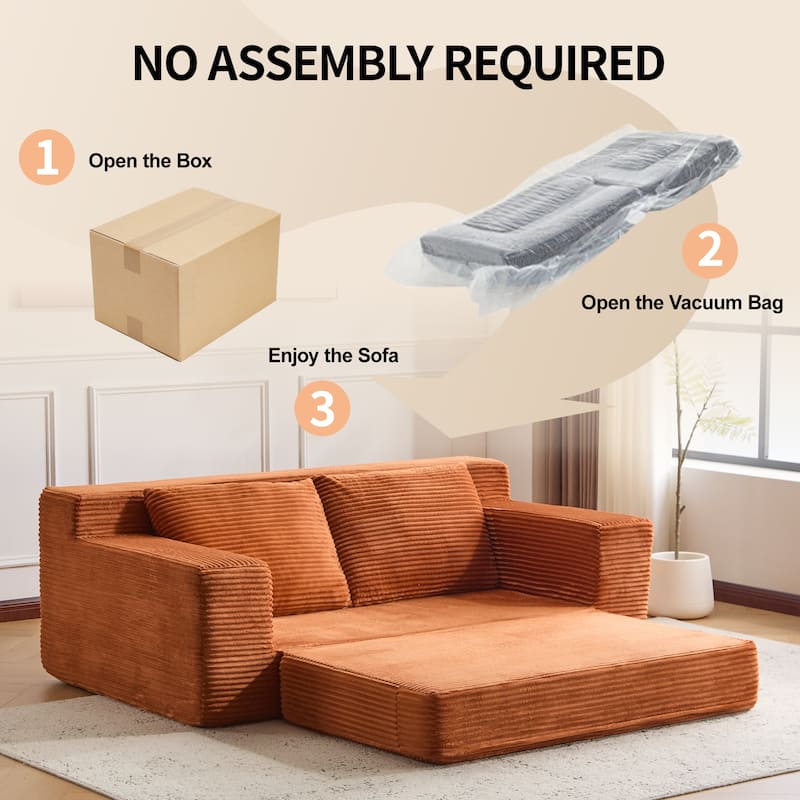 Floor Corduroy Deep Seat Loveseat Sofa with Folding Mattress Convertible Sleeper Sofa Bed with Reversible Cushion and Pillows