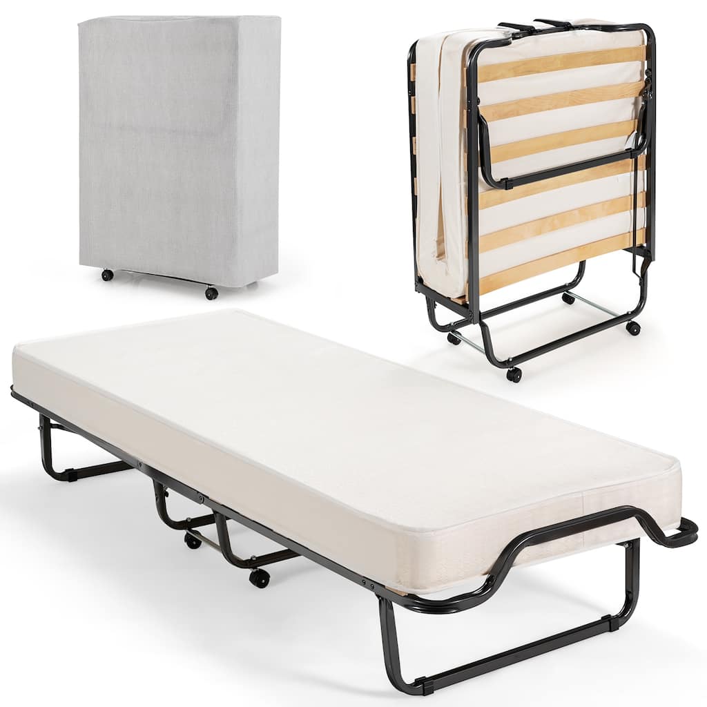 Gymax Portable Rollaway Guest Bed Folding Bed w/ Mattress Memory Foam