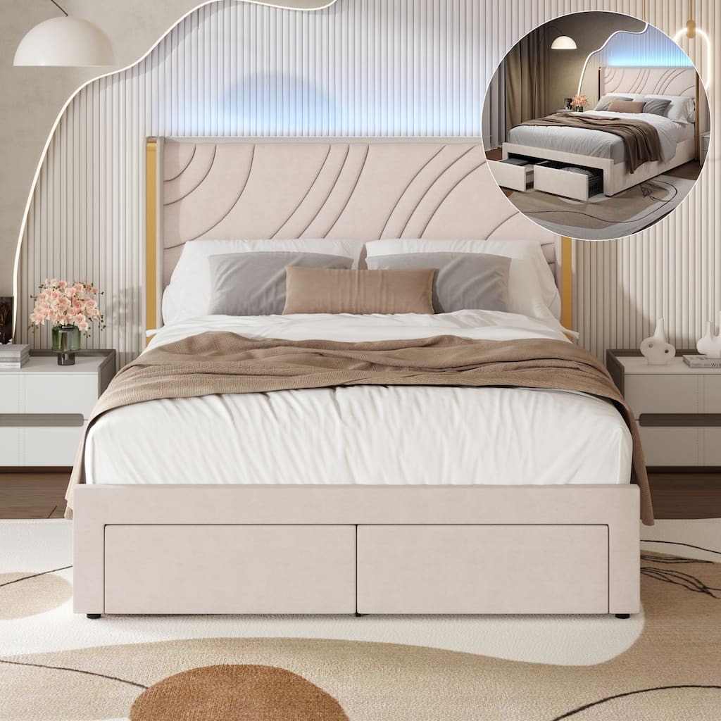 Modern Velvet LED Bed Frame with Storage Drawers and RGB Lighting