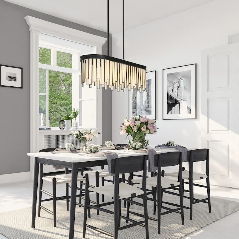 Tifany Modern Black 6-Light Linear Chandelier Glass Island Lights for Dining Room - 28.1''L x 9.2''W x 8.9''H