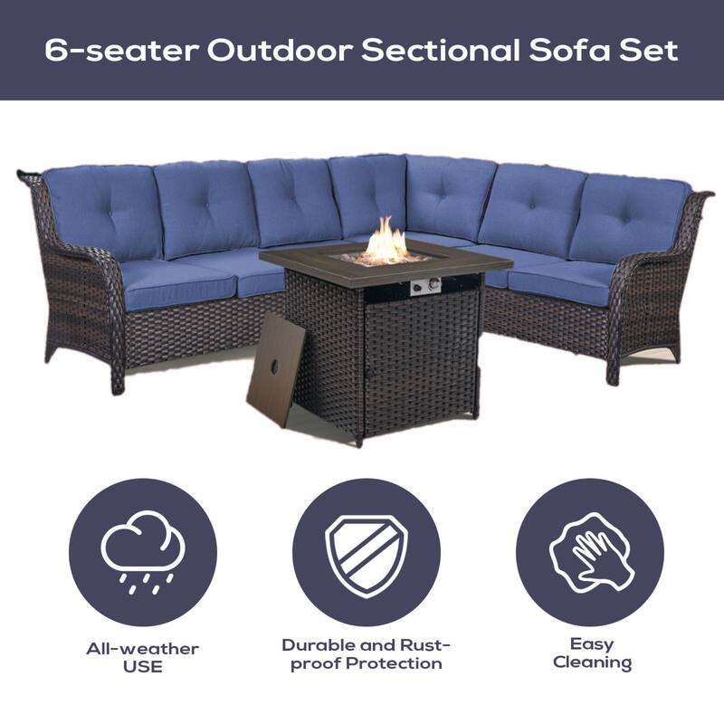 Outdoor Patio Sectional Sofa Couch with Fire Pit Table - Brown