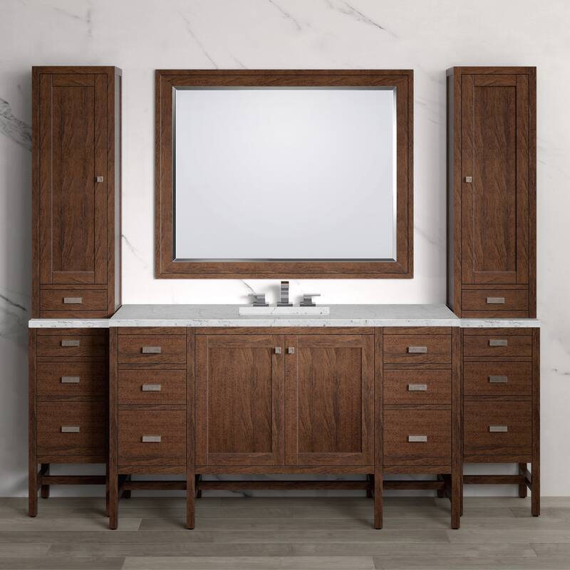 James Martin Addison 90" Single Sink Bathroom Vanity Suite, Mid-Century Acacia with 3cm Eternal Jasmine Pearl Quartz Top