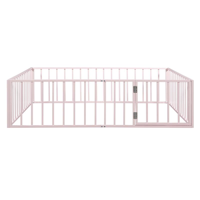 Queen Size Metal Floor Bed Frame with Fence and Door Perfect for Toddler