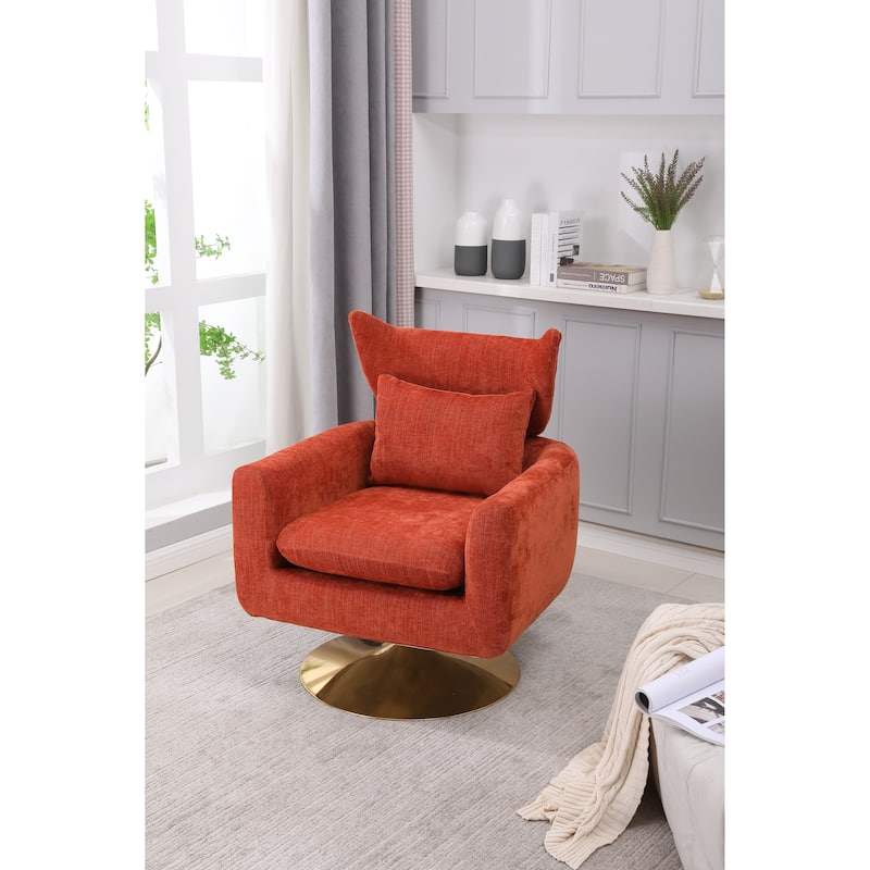 Orange Modern 29.9" Upholstered 360° Swivel Accent Chair with Iron Base and Pillow