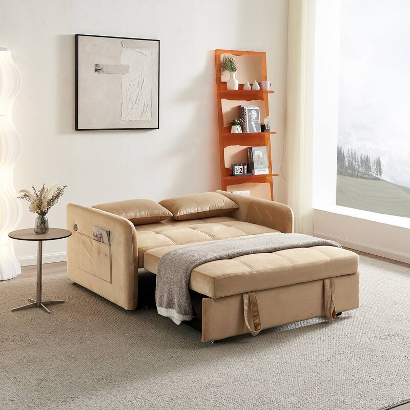 3 in 1 Sleeper Sofa Couch Bed, Pull Out Loveseat with StorageTwins Velvet Convertible Sofa Couch with 2 Pockets & USB Ports