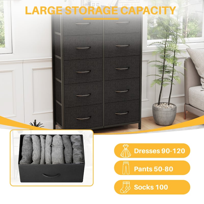 Dresser for Bedroom, 10 Storage Drawers, Anti-Tip Tall Fabric Closet Chests Organizer Tower Furniture Wooden Top Metal Frame