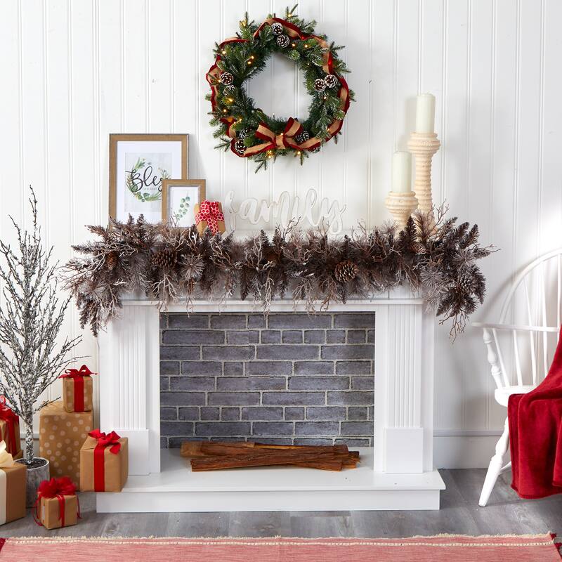 6' Flocked Artificial Christmas Garland with 50 White Warm LED Lights and Pine Cones - 72