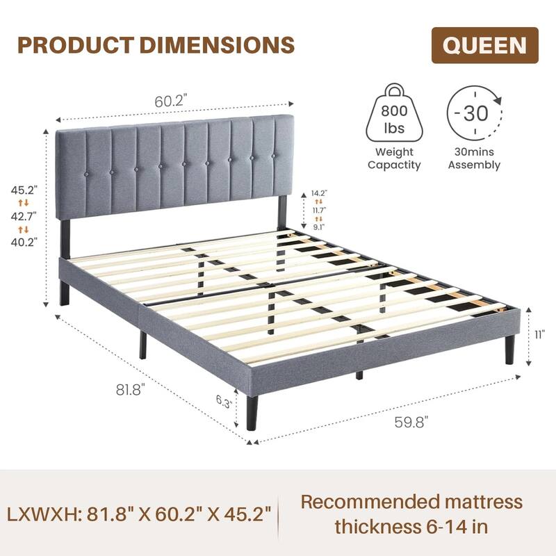 Twin Size Upholstered Platform Bed Frame with Adjustable Headboard, No Box Spring Needed with Sturdy Wooden Slats Support