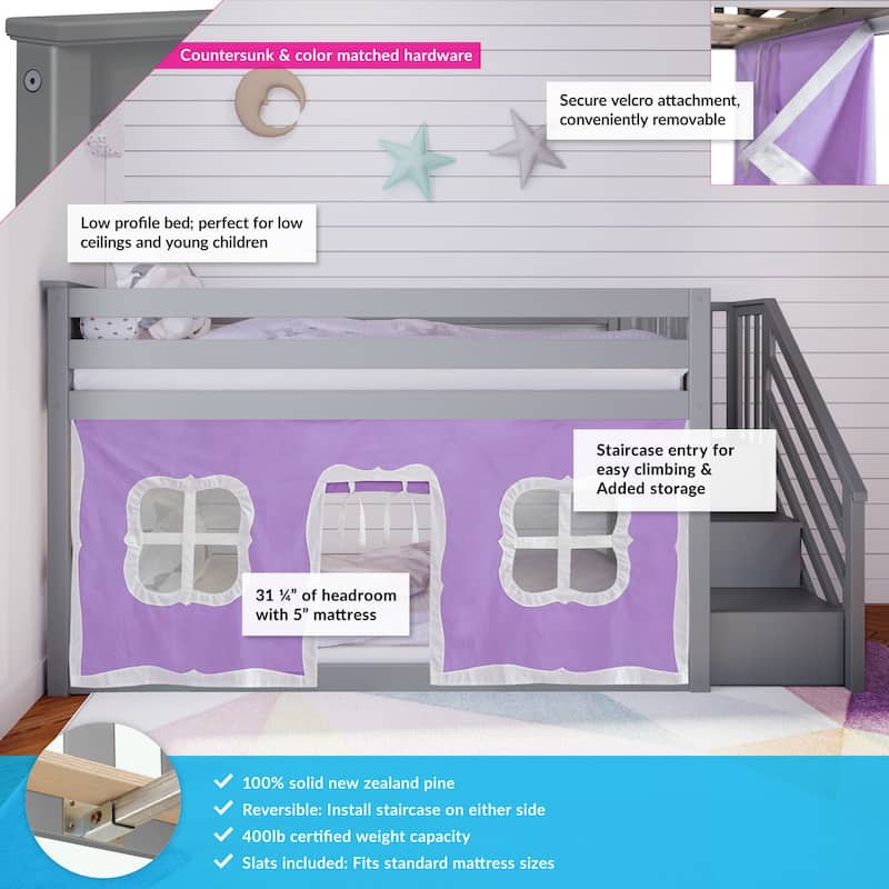 Max and Lily Twin over Twin Low Bunk Bed with Staircase and Curtains