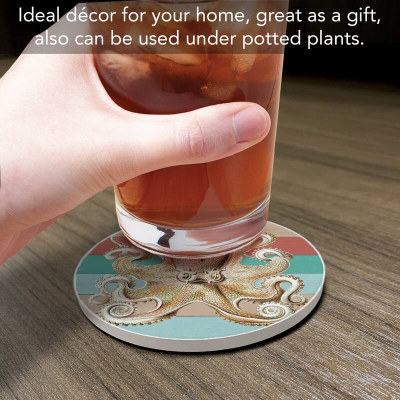 Octopus 4 Pack Absorbent Stone Coaster with Protective Cork Backing Made in The USA 4" Round, Easily Wipes Clean