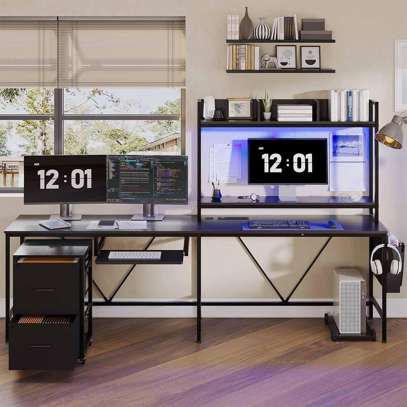 Reversible L Shaped Gaming Desk Power Outlet LED Light - 67in - Black