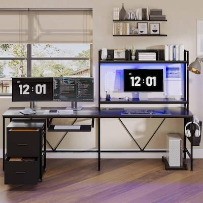 Reversible L Shaped Gaming Desk Power Outlet LED Light