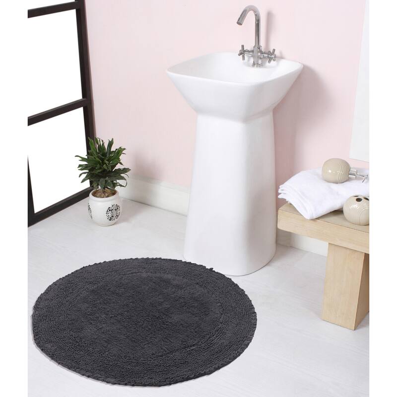 Double Ruffle Cotton Bathroom Rug, Water Absorbent Bath Rug, Non Slip Shower Rug Machine Washable 28" Round - Grey